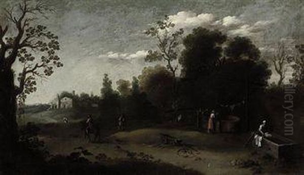 A Wooded Italianate Landscape With Washerwomen In Theforeground Oil Painting by Theodoro Filippo Di Liagno