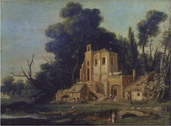 A Capriccio River Landscape With A Man Chasing A Woman In Front Ofa Ruined Building Oil Painting by Theodoro Filippo Di Liagno