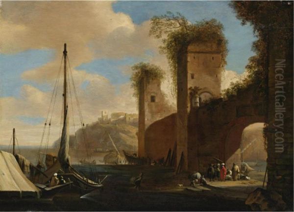 Harbor Scene With Ships, Ruins And Figures By An Archway Oil Painting by Theodoro Filippo Di Liagno