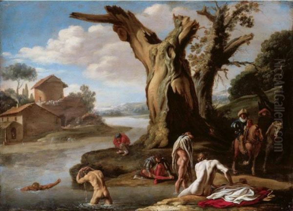 A River Landscape With Horsemen And Figures Bathing In The Foreground Oil Painting by Theodoro Filippo Di Liagno