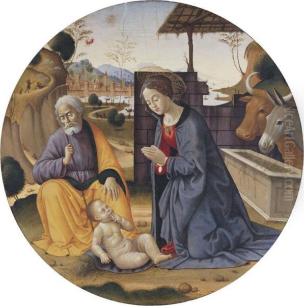 The Madonna And Saint Joseph Adoring The Christ Child, The City Of Florence Beyond Oil Painting by Bastiano Mainardi