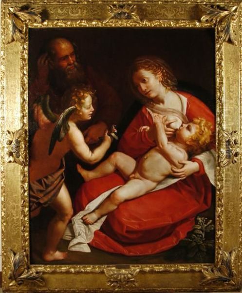 Sacra Famiglia Con Angelo E Passerotto Oil Painting by Rutilio Lorenzo Di Manetti