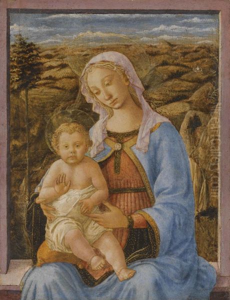 The Madonna And Child Seated On A Window Ledge, A Landscapebeyond Oil Painting by Francesco Stefano Di Pesellino