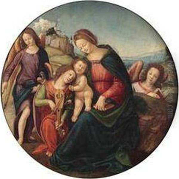 The Madonna And Child With Three Angels Oil On Panel Oil Painting by Piero Di Cosimo