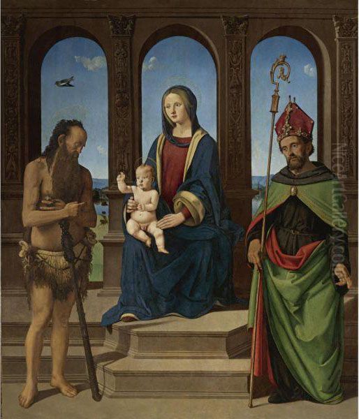 The Madonna And Child Enthroned With Saints Onophrius Andaugustine Oil Painting by Piero Di Cosimo