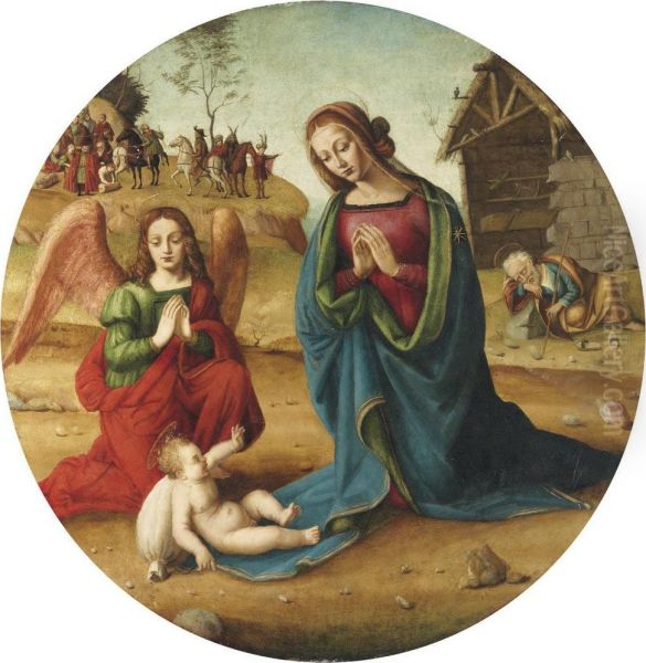 The Holy Family With An Adoring Angel, The Manger And The Retinue Of The Magi Beyond Oil Painting by Piero Di Cosimo