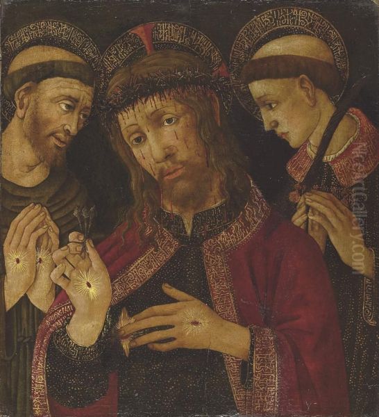 Christ As The Man Of Sorrows With Saint Francis Of Assisi And Adeacon Saint Oil Painting by Tommaso Di Piero Trombetto