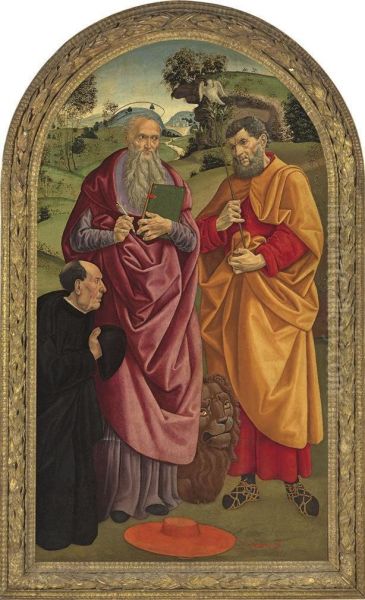 Saint Jerome And Saint Joseph With A Donor Oil Painting by Michelangelo Di Pietro Mencherini