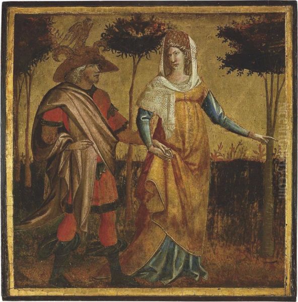 A Nobleman And Lady - Panel From A Cassone Or Spalliera Oil Painting by Dal Giovanni Marco Di Ponte