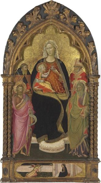 The Madonna And Child With Saints John The Baptist, Andrew, Anthonyabbot, And Nicholas Of Bari; The Annunciation In The Predella Oil Painting by Dal Giovanni Marco Di Ponte