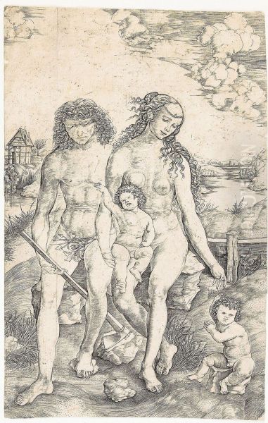 Adam And Eve Seated With The Infants Cain And Abel Oil Painting by Cristofano Robetta