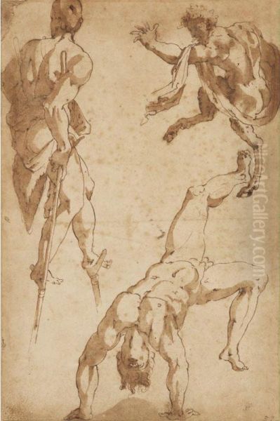 [follower Of Rosso Fiorentino ; Studies Of Figures And A Faun ; Pen And Brown Ink And Wash ; Bears Numbering In Brown Ink, Lower Right: 52 ] Oil Painting by Fiorentino Rosso