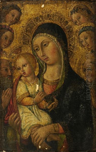 Madonna And Child. Surrounded By St. Anthony Abbott And St. Bernardino Of Siena Looking On With Four Angels. Old Label On Reverse Handwritten In Italian. Oil Painting by Ansano Mancio Di Sano Di Pietro