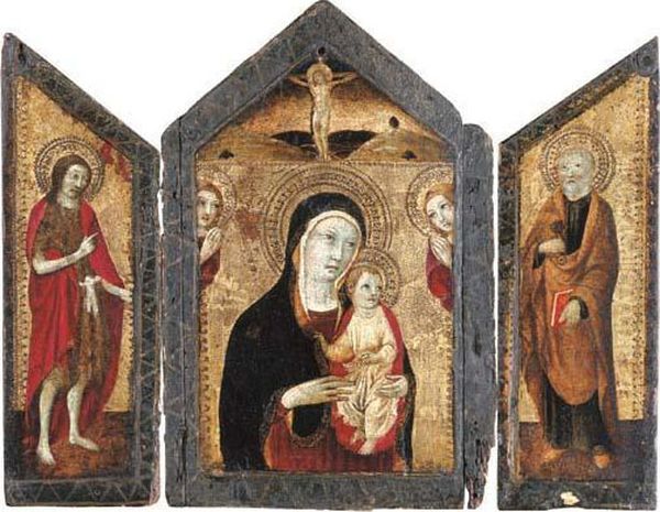 A Triptych: The Central Panel: The Madonna And Child With Twoangels And Christ On The Cross; The Wings: Saint John The Baptist;and Saint Peter Oil Painting by Ansano Mancio Di Sano Di Pietro