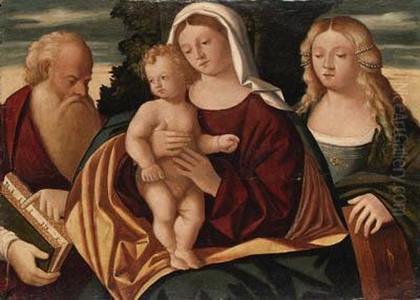 The Madonna And Child With Saints Jerome And Catherine Oil Painting by Francesco Rizzo Da Santa Croce