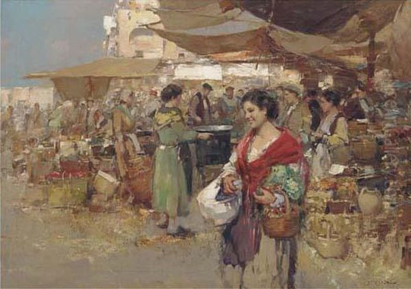 A Busy Italian Market Oil Painting by Mario Di Scovolo