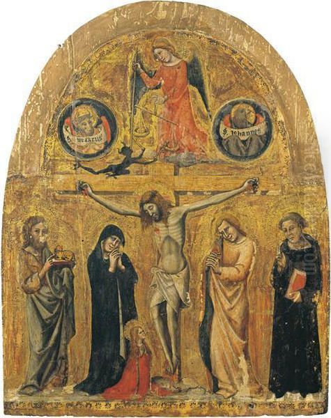 Crocefissione Con La Vergine, La Maddalena E San Giovanni Dolente,san Giovanni Battista E San Nicola Da Tolentino (?); San Michelepesa Le Anime (psicostasia), Simboli Di San Marco E Di Sangiovanni Oil Painting by Simone Filippo Di Simone Dei Crocifissi