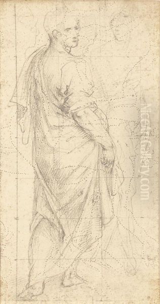 A Draped Standing Male Figure With Another Sketched Figure And Two Other Profiles Oil Painting by Giovanni Antonio Sogliani