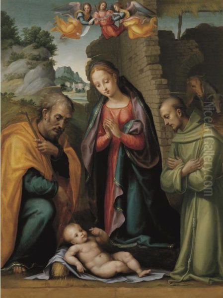 The Holy Family With Saint Francis Oil Painting by Giovanni Antonio Sogliani