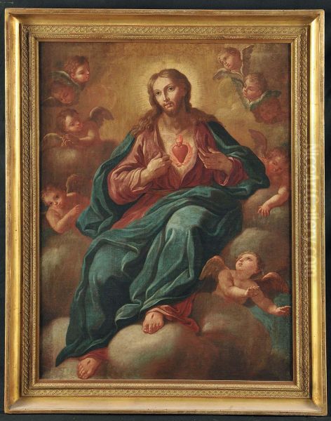 Gesu' In Gloria Mostra Il Cuore Ardente Olio Sutela Oil Painting by Alfonso Di Spigna