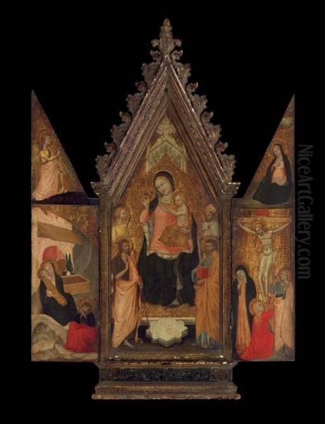 A Portable Triptych: The Madonna And Child Enthroned With A Female Saint, Saint John The Baptist, A Bishop Saint, And Saint Peter; On The Wings - The Nativity With The Angel Of The Annunciation On The Pinnacle Above; And The Crucifixion With The Virgi Oil Painting by Niccolo Di Tommaso