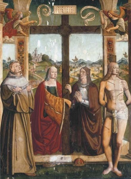 Saint Helena Holding The Cross, With The Emperor Constantine, Andsaints Francis And Sebastian Oil Painting by Bernardino Di Tossignano