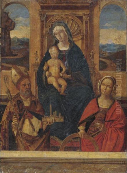 Madonna And Child Enthroned With Saints Petronius(?) And Catherine Of Alexandria Oil Painting by Bernardino di Bosio (see ZAGANELLI)