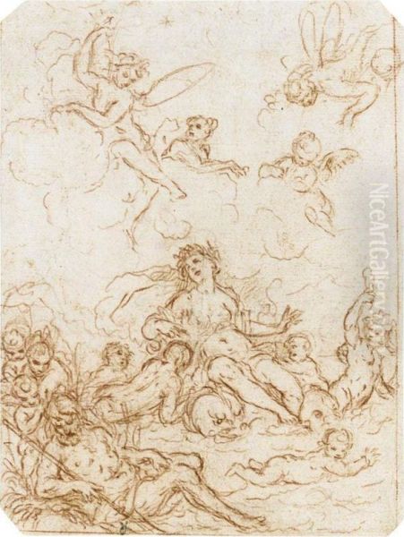 Galatea Riding On The Waves With Tritons And Nereids With Polyphemus Resting In The Foreground Oil Painting by Giuseppe Diamantini