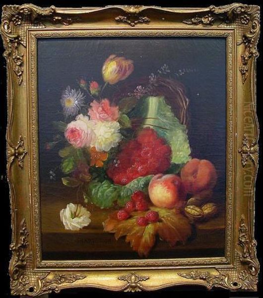 Floral Still Life With Fruit And Walnuts Oil Painting by Jules Edouard Diart