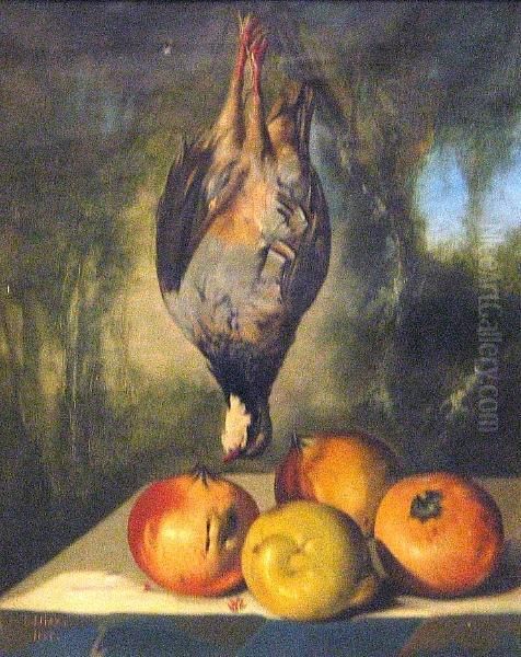 A Still Life With A Duck And Oranges And A Lemon On A Ledge; And A Companion Still Life (a Pair) Oil Painting by Gumersindo Diaz