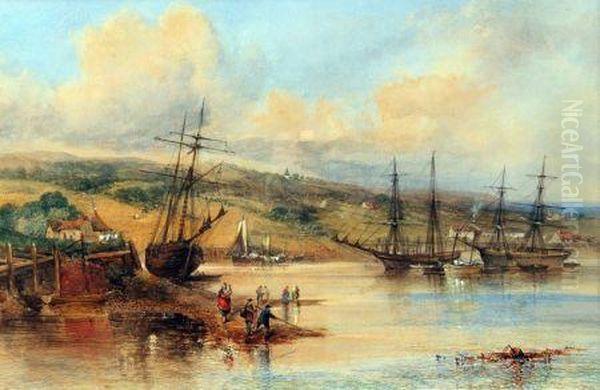 Harbour Scene With Fisherfolk And Boats Oil Painting by Thomas Colman Dibdin