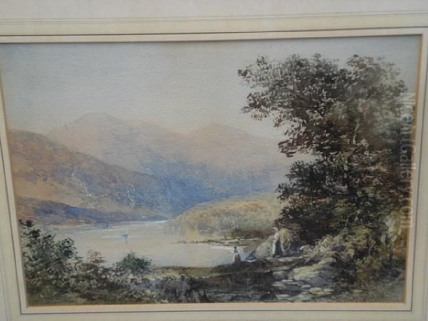 Figures Before And Lakeland Landscape Oil Painting by Thomas Colman Dibdin