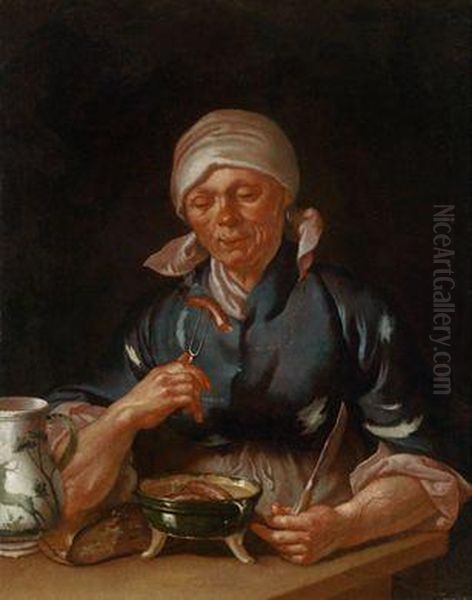 Nachfolger Eine Frau Bei Der Mahlzeit Von Wursteni Brot Und Wein Oil Painting by Martin Dichtl