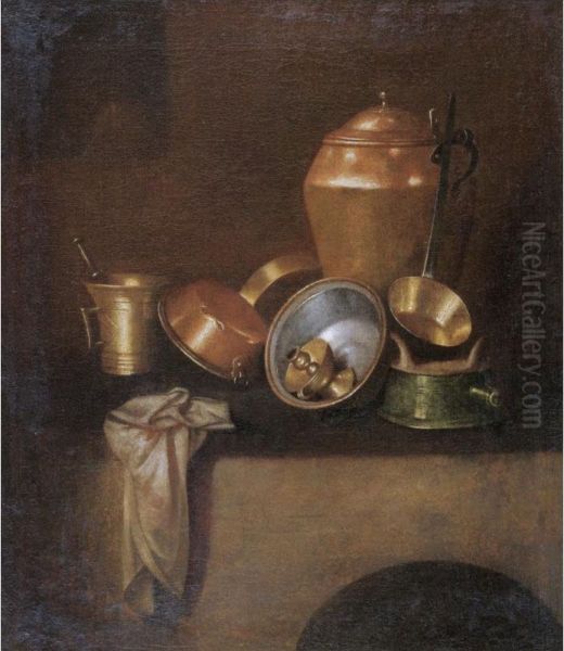 Still Life With Various Copper Cooking Utensils On A Hearth Oil Painting by Martin Dichtl