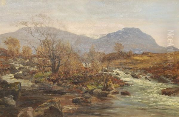 Scottish River Landscape With Snow Capped Mountains In The Distance Oil Painting by William D.D. Dickie