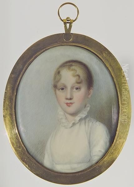 A Young Lady, Wearing White Dress With Standing Frilled Collar, Her Blonde Hair Drawn Back With Curls Falling Across Her Forehead. Oil Painting by Anson Dickinson