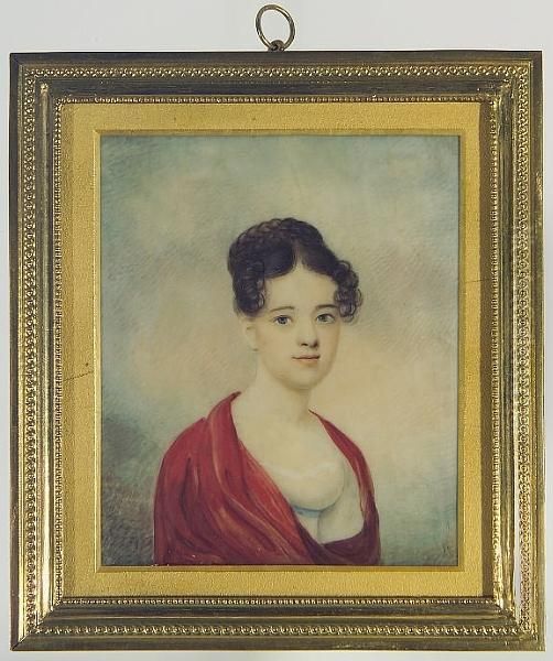 A Young Lady, Wearing Decollete White Dress With Pale Blue Ribbon Waistband And Red Shawl About Her Shoulders, Her Dark Hair Upswept In A Plaited Bun. Oil Painting by Anson Dickinson