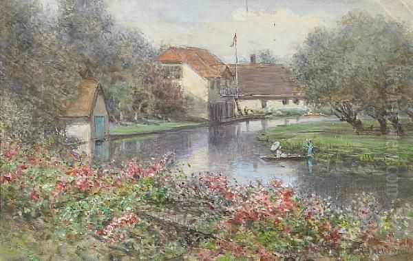 A Punt Along A River Oil Painting by John Reed Dickinson