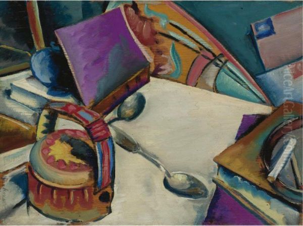 Tabletop Still Life: Books And Teapot Oil Painting by Preston Dickinson