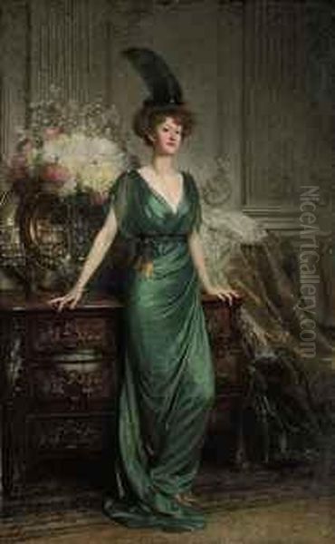 Portrait Of The Hon. Mrs Ernest Guinness, Standing, Full-length,wearing An Emerald Dress And Feather Oil Painting by Dicksie Frank