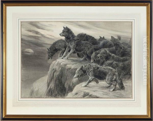 A Pack Of Wolves Howling At The Moon Oil Painting by Herbert Thomas Dicksee