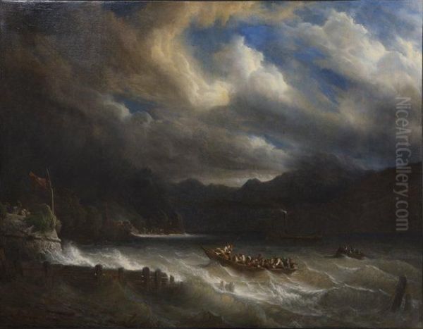 Embarquement Du Bateau A Vapeur A Vevey Oil Painting by Francois Diday