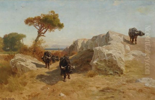 Landscape With Indian Buffalos Oil Painting by Jules Didier