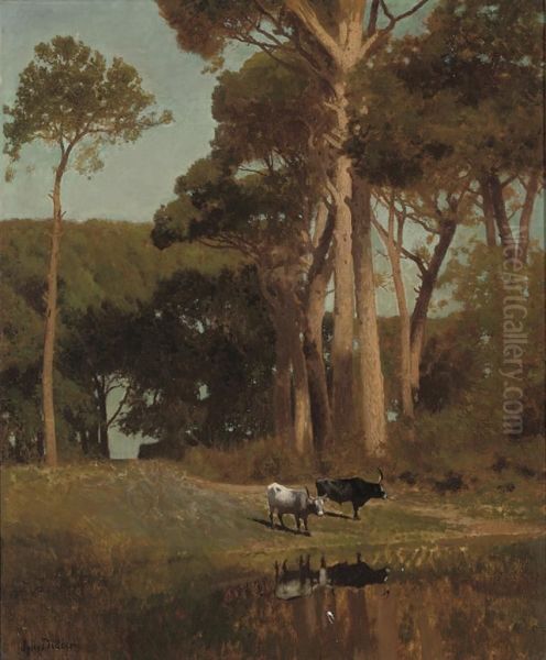 Longhorn Cattle Watering On The Campagna Oil Painting by Jules Didier