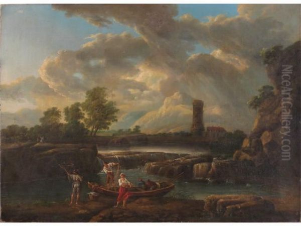 Paysage De Riviere Anime De Pecheurs Oil Painting by Jean-Michel Diebold