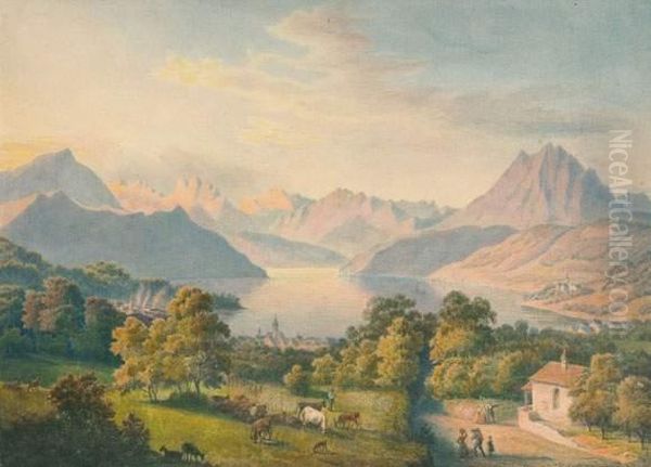 Alpenlandschaft Mit See (wohl Osterreich). Oil Painting by Leonhard Diefenbach