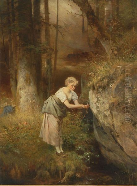 Young Woman At A Mountain Spring. Oil Painting by Anton Dieffenbach