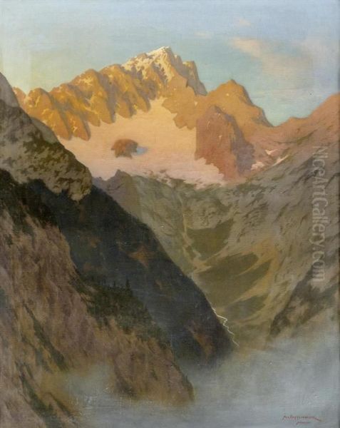 Landscape With Mountains At Sunset Oil Painting by August Wilhelm Dieffenbacher