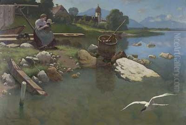 Uferidylle Auf Frauenchiemsee Oil Painting by August Wilhelm Dieffenbacher