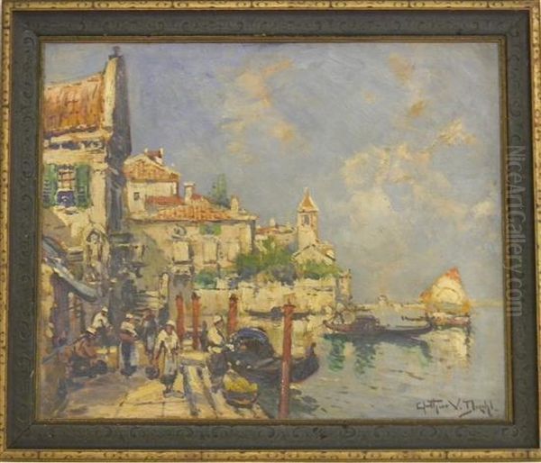 Venetianscene With Red Tiled Buildings And Figures On Quay Oil Painting by Arthur Vidal Diehl